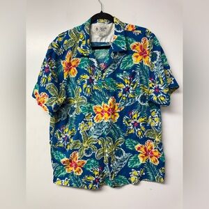 Original Penguin Hawaiian Shirt XL Blue Tropical Floral Button Up Vacation